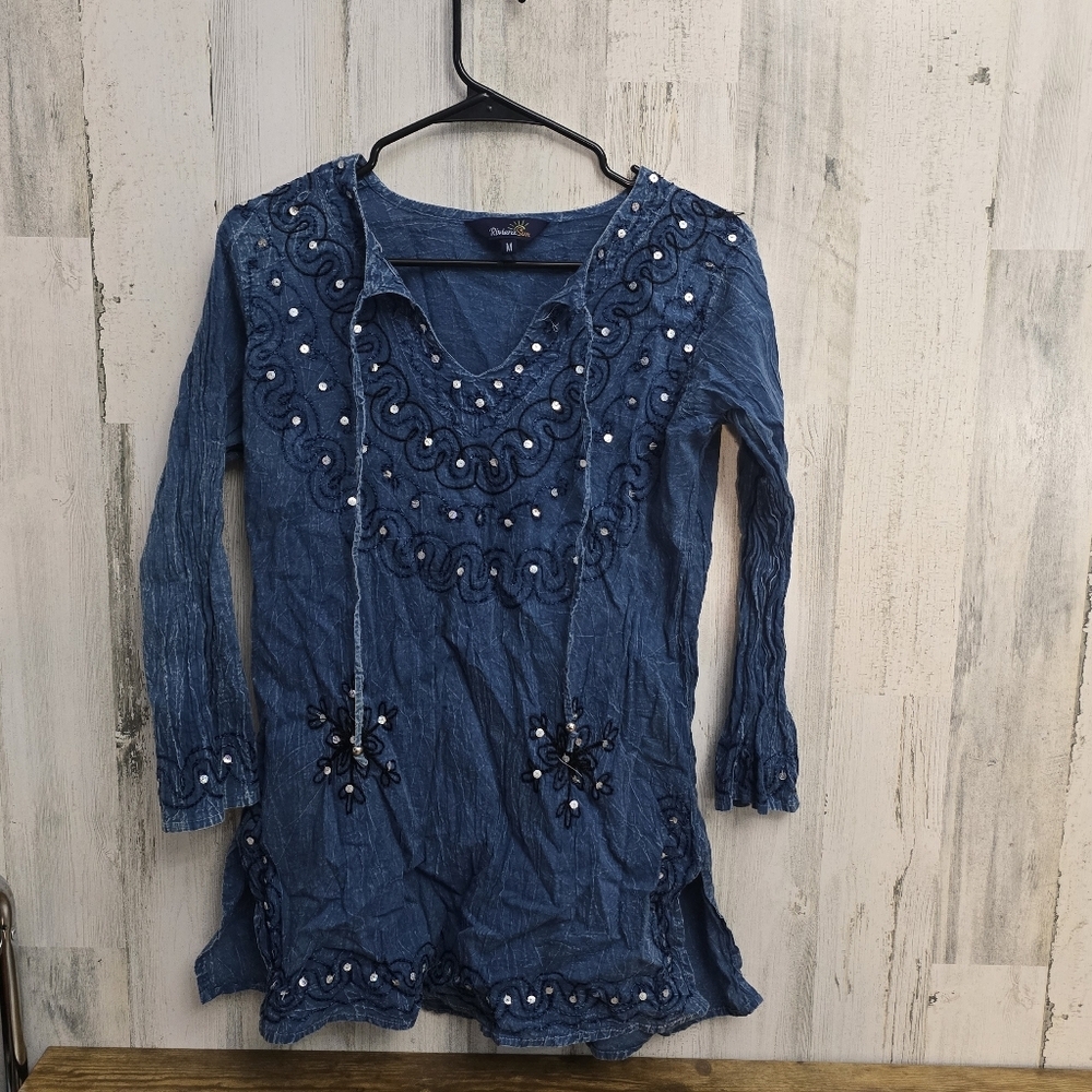 Riviera Sun Blue Embroidered Long Sleeve Tunic Top Womens Size Medium